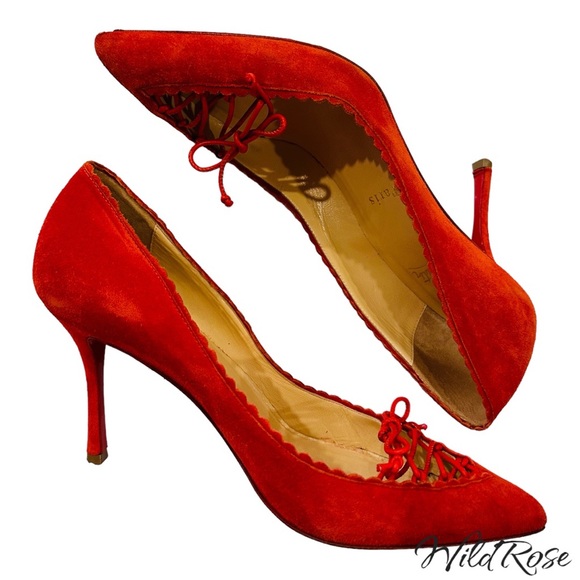 CHRISTIAN LOUBOUTIN “SCALOPUMP” 85 RED SUEDE SCALLOP TRIM LACE UP TIE HEELS 37.5 - Picture 9 of 17